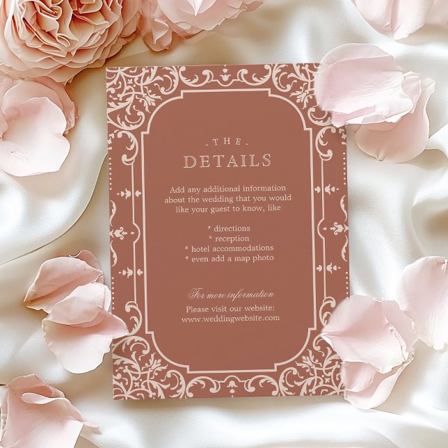 Recepción Tarjeta de detalles de boda romántica de terracota (Terracotta romantic vintage wedding details card)
