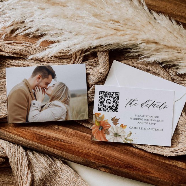 Recepción Tarjeta de Detalles de Boda Rústica de Otoño con C (Fall Wedding QR Code Details Card)