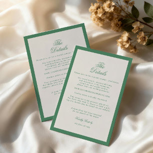 Recepción Tarjeta de detalles de boda verde del Preppy Tenni