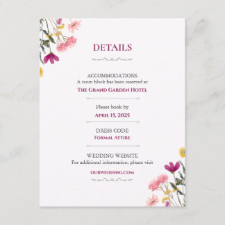 Recepción Tarjeta de Detalles de Boda Wildflower Romance | F