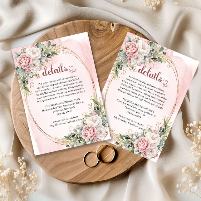 Recepción Tarjeta de detalles de flores rosadas clásicas con (Classic Blush Pink Flowers Greenery Details Card)