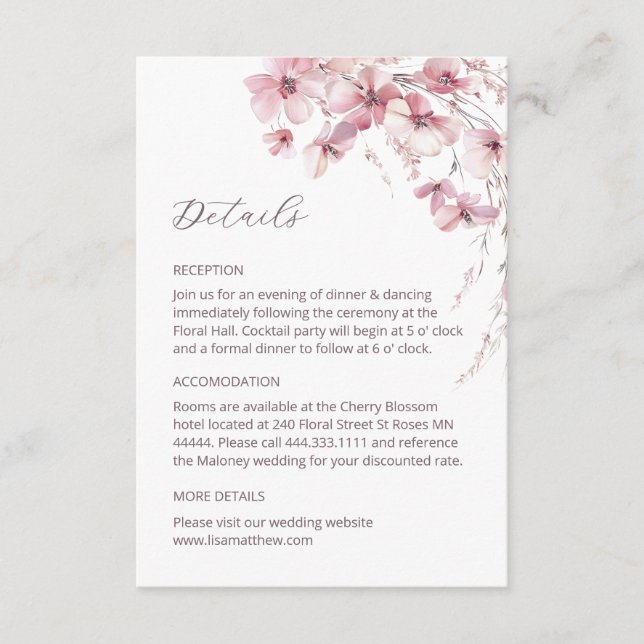 Recepción Tarjeta de Detalles de Flores Silvestres Boho Rosa (Anverso)
