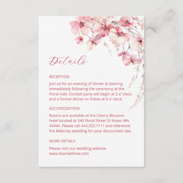 Recepción Tarjeta de detalles de flores silvestres boho rosa (Anverso)