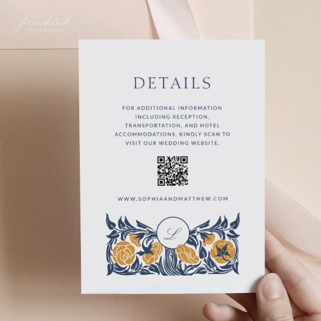 Recepción Tarjeta de detalles de monograma de Art Nouveau fl (Floral Art Nouveau Monogram Wedding Details Card with QR code)