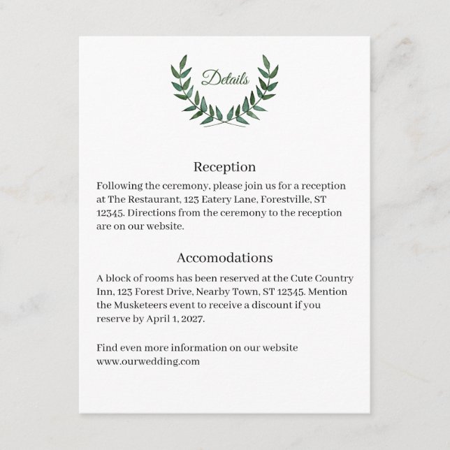 Recepción Tarjeta de detalles de ramas verdes (Anverso)