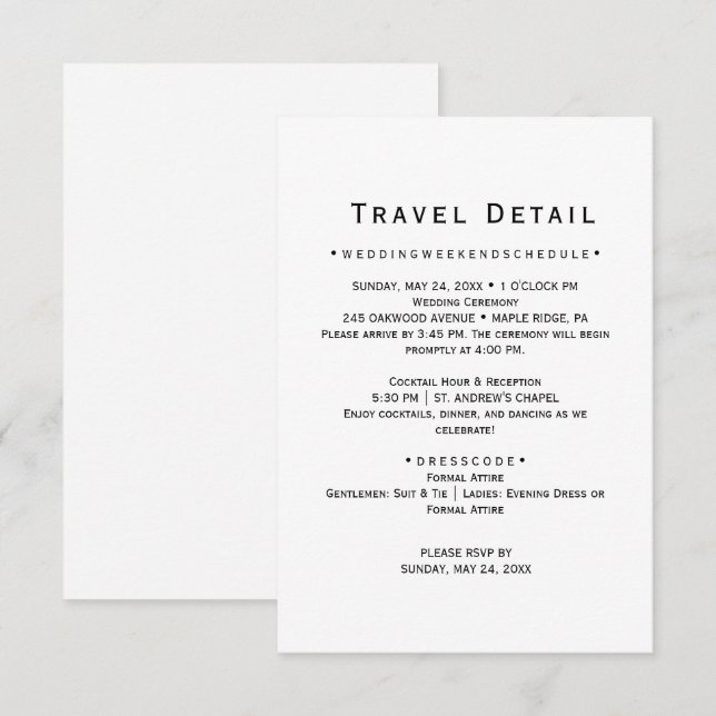 Recepción Tarjeta de detalles de viaje para boda de destino (Anverso / Reverso)