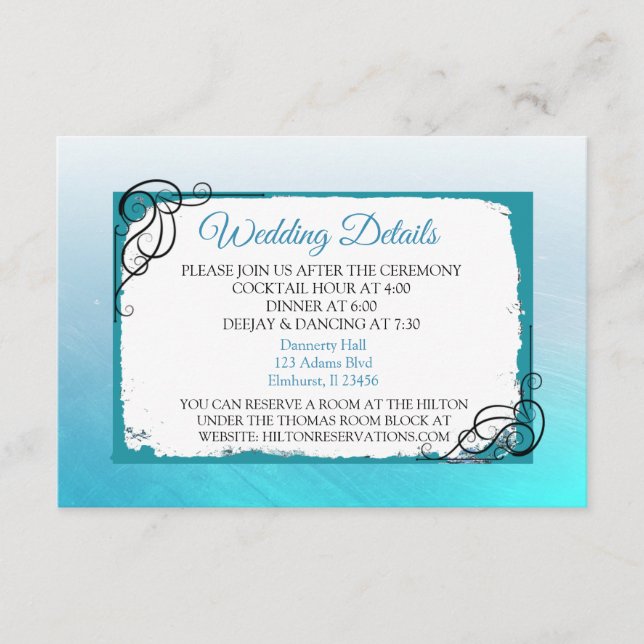 Recepción Tarjeta de detalles del Boda azul Aqua (Anverso)
