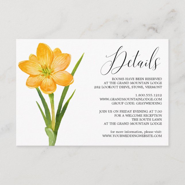 Recepción Tarjeta de detalles del Boda Crocus amarillo de mo (Anverso)