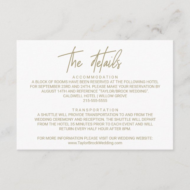 Recepción Tarjeta de detalles del Boda de caligrafía de oro  (Anverso)