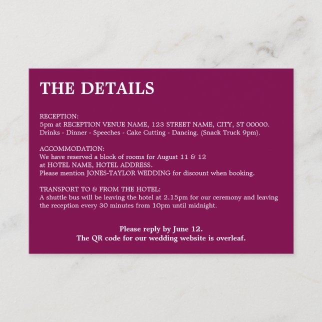 Recepción Tarjeta de detalles del Boda de código QR de vino  (Anverso)