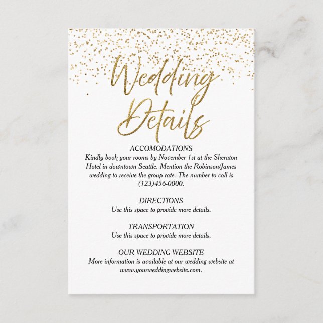 Recepción Tarjeta de detalles del Boda de Purpurina blanco y (Anverso)