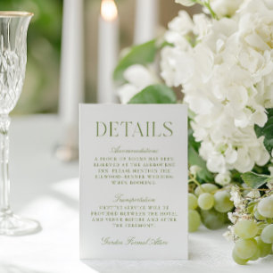 Recepción Tarjeta de detalles del Boda de Sage Green & White
