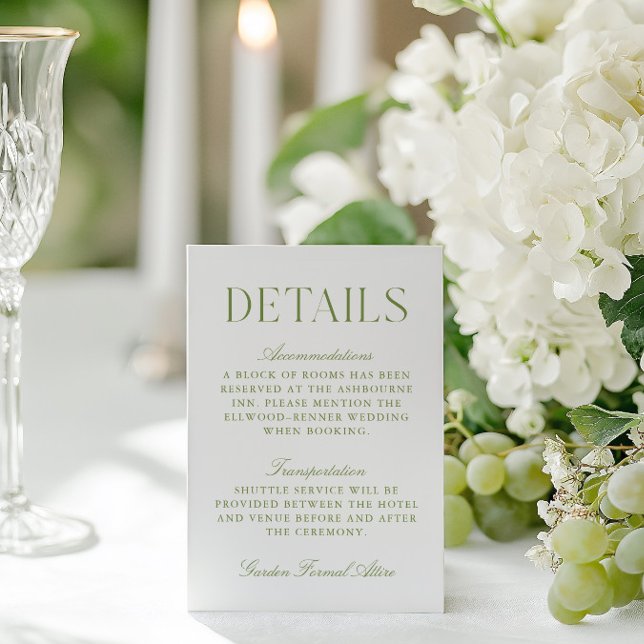 Recepción Tarjeta de detalles del Boda de Sage Green & White (Sage Green & White Wedding Wedding Details Card)