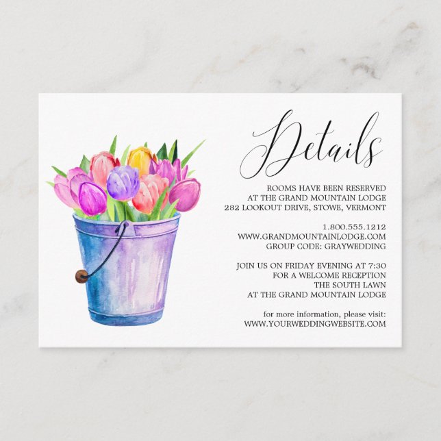 Recepción Tarjeta de detalles del Boda del cubo de los tulip (Anverso)