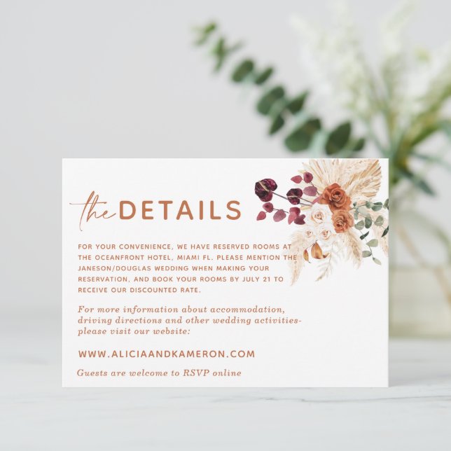 Recepción Tarjeta de detalles del Boda del Naranja quemado d (Anverso de pie)