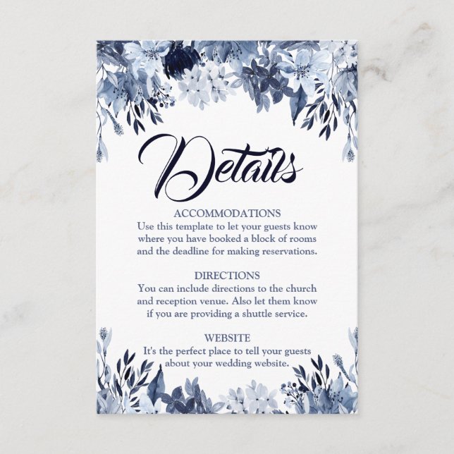 Recepción Tarjeta de detalles del Boda Dusty Blue Floral (Anverso)