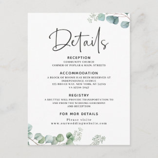 Recepción Tarjeta de detalles del Boda Eucalyptus