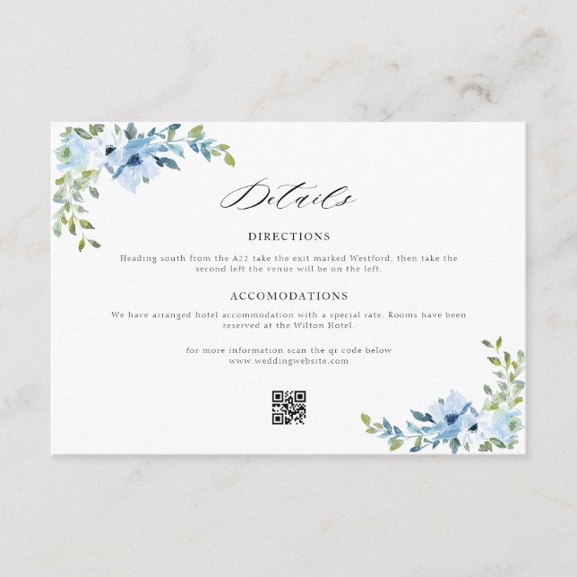 Recepción tarjeta de detalles del boda floral azul (Anverso)