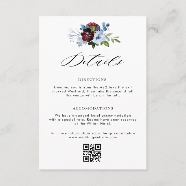 Recepción tarjeta de detalles del boda floral azul burgundy  (Anverso)