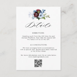 Recepción tarjeta de detalles del boda floral azul burgundy 