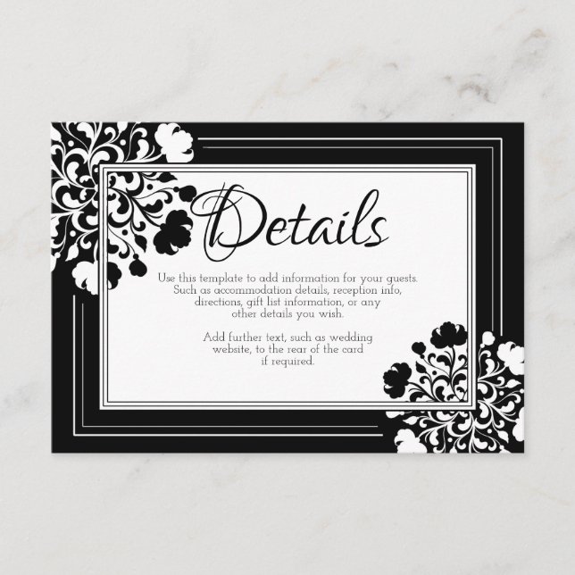 Recepción Tarjeta de detalles del Boda floral blanco y negro (Anverso)