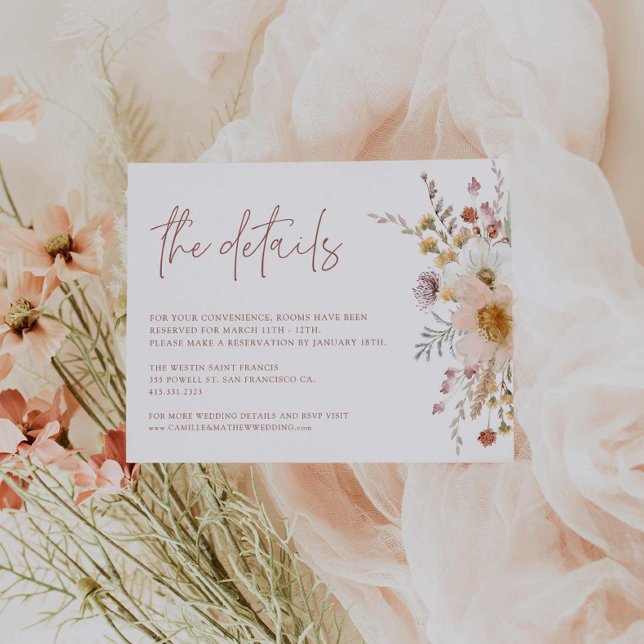 Recepción Tarjeta de detalles del Boda floral Boho (Boho Floral Garden Wedding Details Card)