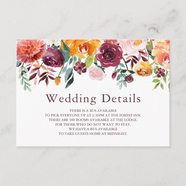 Recepción Tarjeta de detalles del Boda floral Paprika Burgun (Anverso)