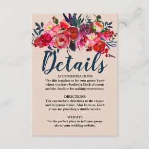 Recepción Tarjeta de detalles del Boda Floral Roja y de la p