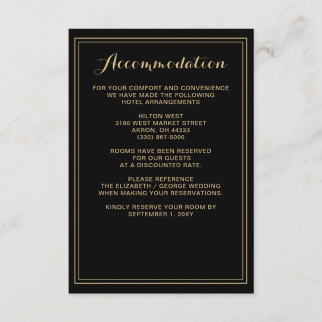 Recepción Tarjeta de detalles del Boda Marble Black and Gold (Anverso)