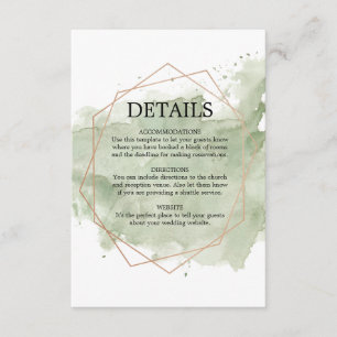 Recepción Tarjeta de detalles del Boda Rosa Gold y Green Wat