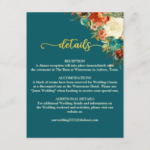Recepción Tarjeta de detalles del boda - Verde azulado y Nar