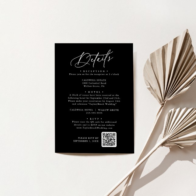 Recepción Tarjeta de detalles elegante de Boda negro oscuro  (Elegant Charm Dark Black Wedding Details Card)