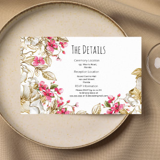 Recepción Tarjeta de detalles florales de lujo dorado blanco