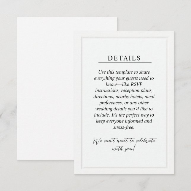 Recepción Tarjeta de Detalles Mínimos de Boda (Anverso / Reverso)