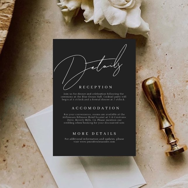 Recepción Tarjeta de Detalles Mínimos de Boda en Negro Adjun (Minimal Black Wedding Details Enclosure Card)
