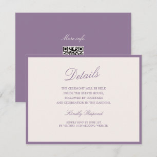Recepción Tarjeta de detalles QR para boda en jardín malva