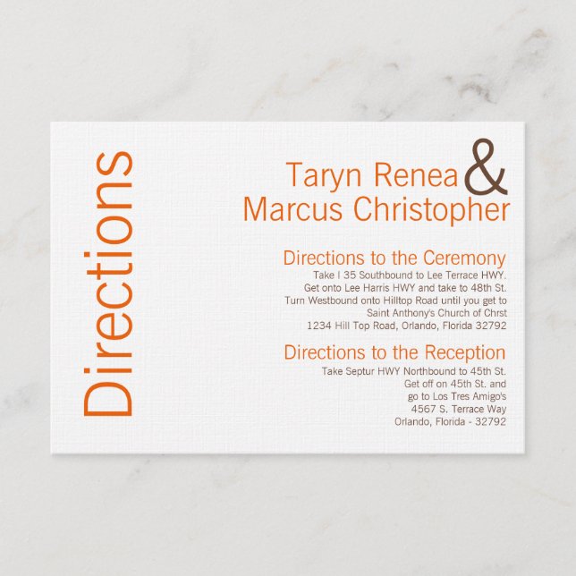 Recepción Tarjeta de dirección 3x5 Naranja Brown Chevron (Anverso)