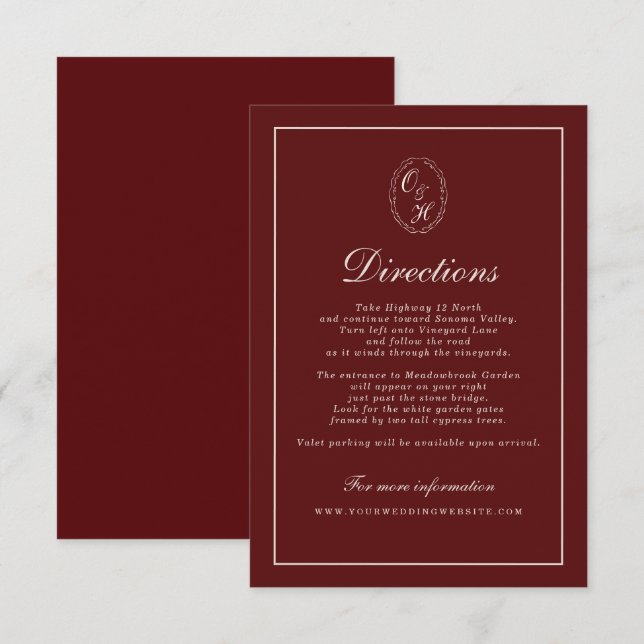 Recepción Tarjeta de Direcciones de Boda Otoñal Borgoña (Anverso / Reverso)
