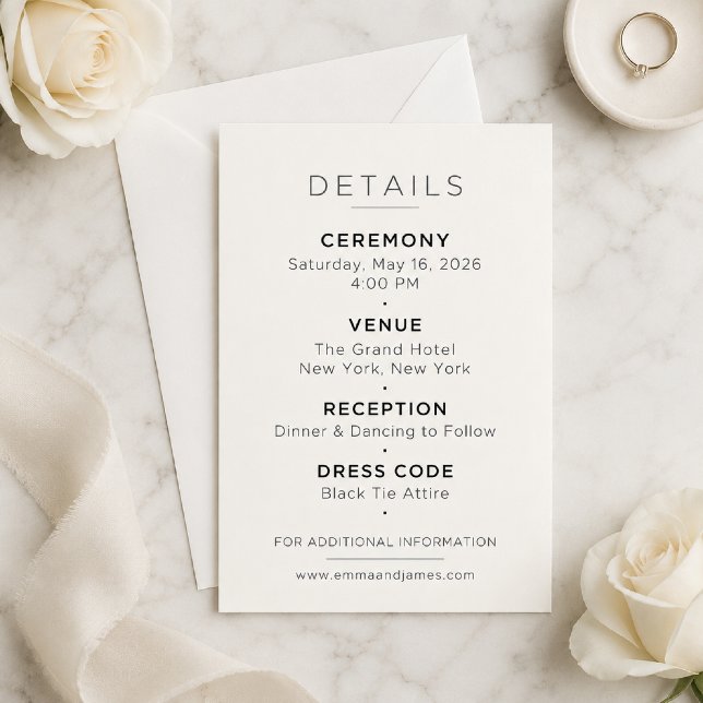 Recepción Tarjeta de Encerramiento de Boda Minimal Editable (Elegant Details Card displayed on ivory linen with soft natural light.)