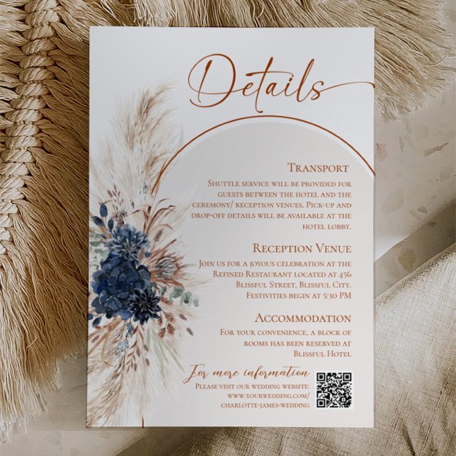 Recepción Tarjeta de Encerramiento de Boda Rústica Boho Azul (Navy Blue Boho Rustic Wedding Enclosure Card)