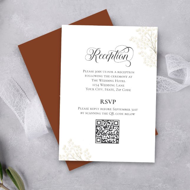 Recepción Tarjeta de Encierre de Código QR de RSVP de Recepc (Elegant calligraphy reception RSVP card with QR code for easy online wedding responses)