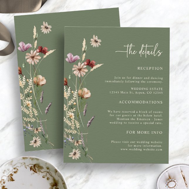 Recepción Tarjeta de Encierro de Boda de Flores Silvestres S (Sage Green Boho Wildflowers The Details Wedding Enclosure Card by Painted Paperie)