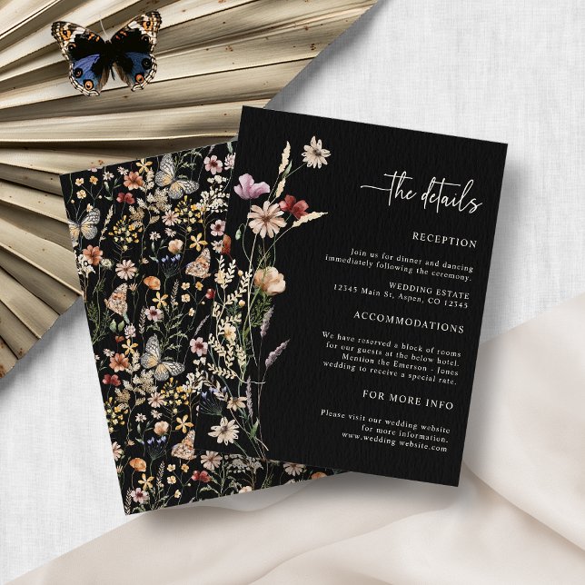 Recepción Tarjeta de Enclosure de Boda Floral Boho (Elegant Black Boho Floral Wedding Enclosure Card by Painted Paperie
)