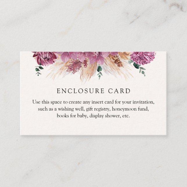 Recepción Tarjeta de Enclosure Personalizada Boho Pampas (Anverso)