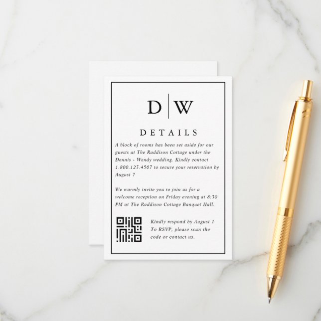 Recepción Tarjeta de Enclusura de Código QR de Boda con Mono (Anverso/Reverso In Situ)