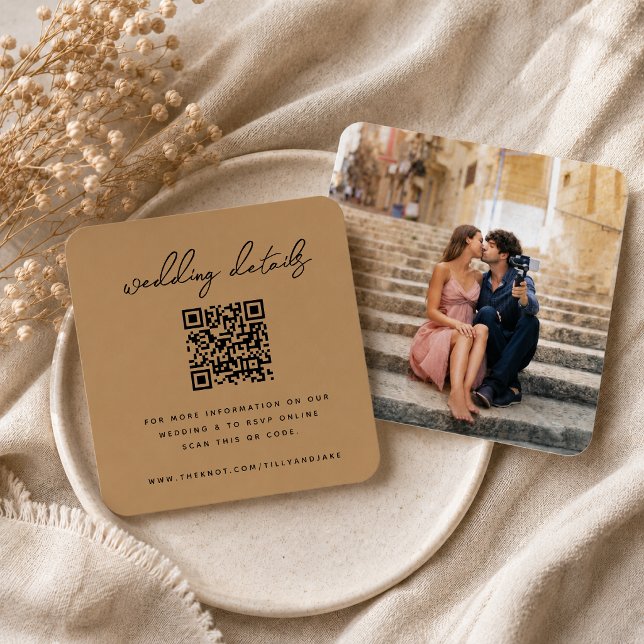 Recepción Tarjeta de Envío para Sitio Web de Boda | Código Q (Direct guests seamlessly to your wedding website using this elegant QR code photo enclosure card)