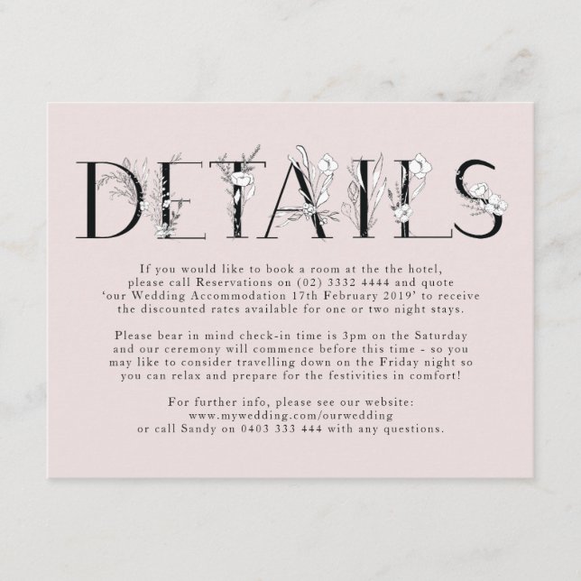 Recepción Tarjeta de envoltorio Boda de letras florales rosa (Anverso)