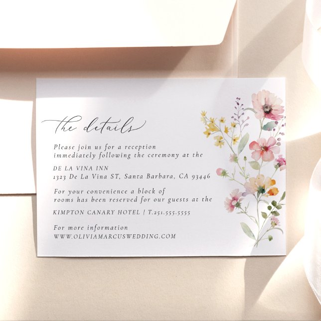 Recepción Tarjeta de envoltorio con detalles de Boda de flor (Wildflower meadow wedding details card with soft floral illustration and elegant calligraphy)