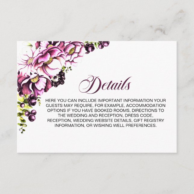 Recepción Tarjeta de envoltorio con detalles de Boda floral  (Anverso)