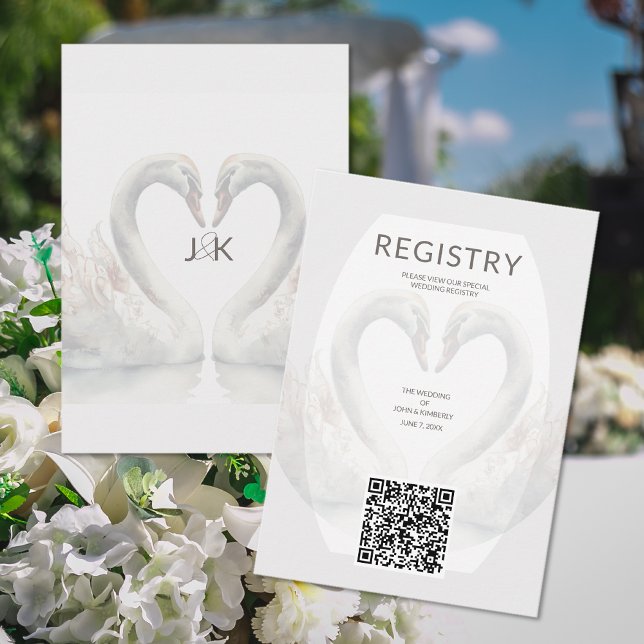 Recepción Tarjeta de envoltorio de código QR para Boda de ci (Romantic Swan Wedding QR Code Enclosure Card (front and back))